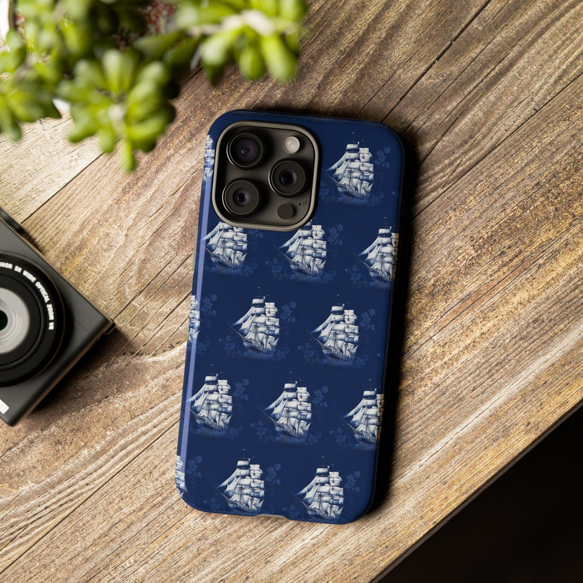 Navy Sailing Ship Phone Case — Navy Blue Vintage Nautical All-Over Print