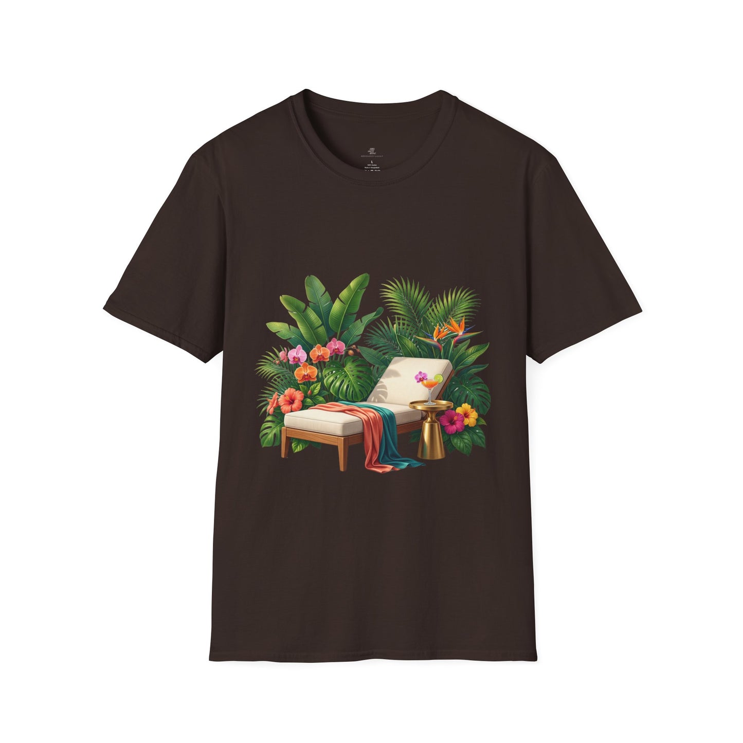 Tropical Lounge T-Shirt — Cozy Chair & Palm Floral Graphic Tee