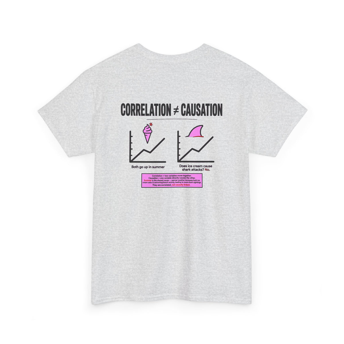 Correlation ≠ Causation Graphic Tee — White, Blue, Pink, Yellow & Neutral Bases