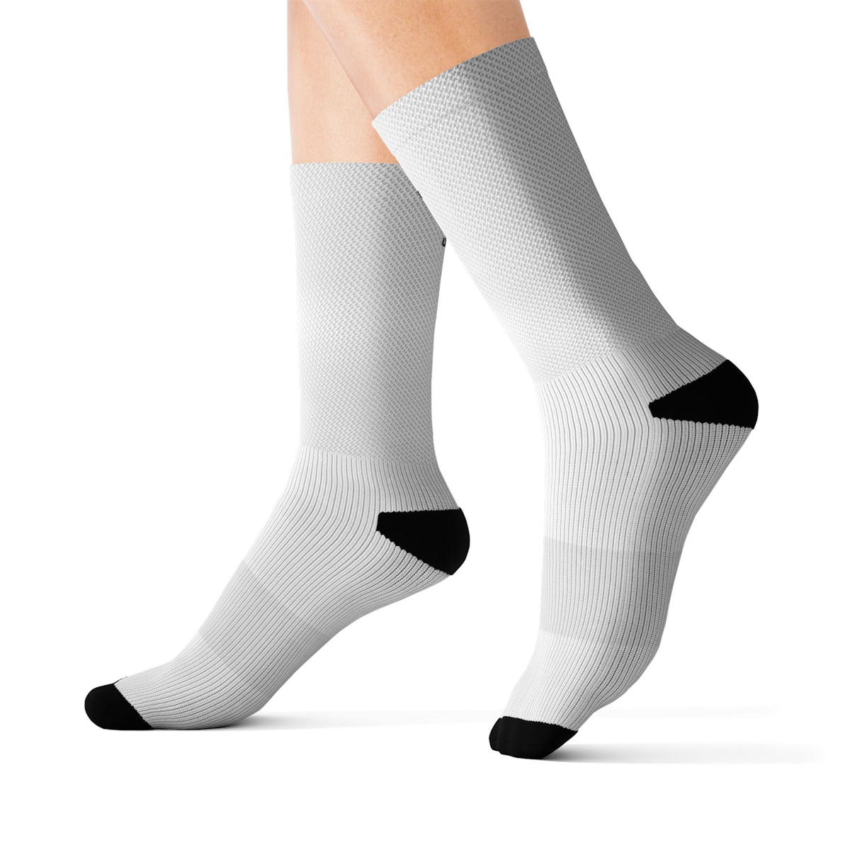 White Sublimation Crew Socks – Black Heel & Toe