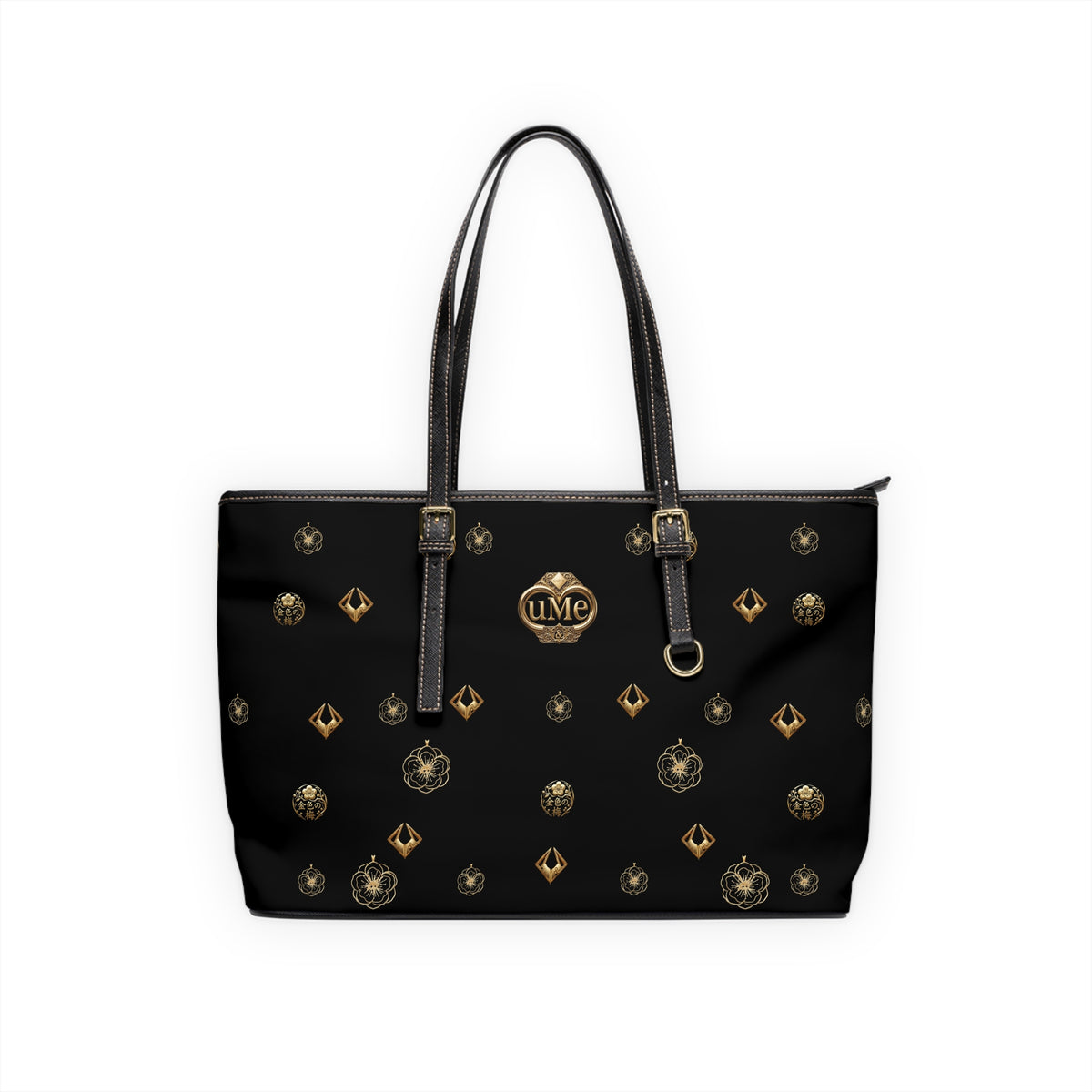 Monogrammed Black PU Shoulder Bag — Gold uMe Pattern Tote for Everyday Use