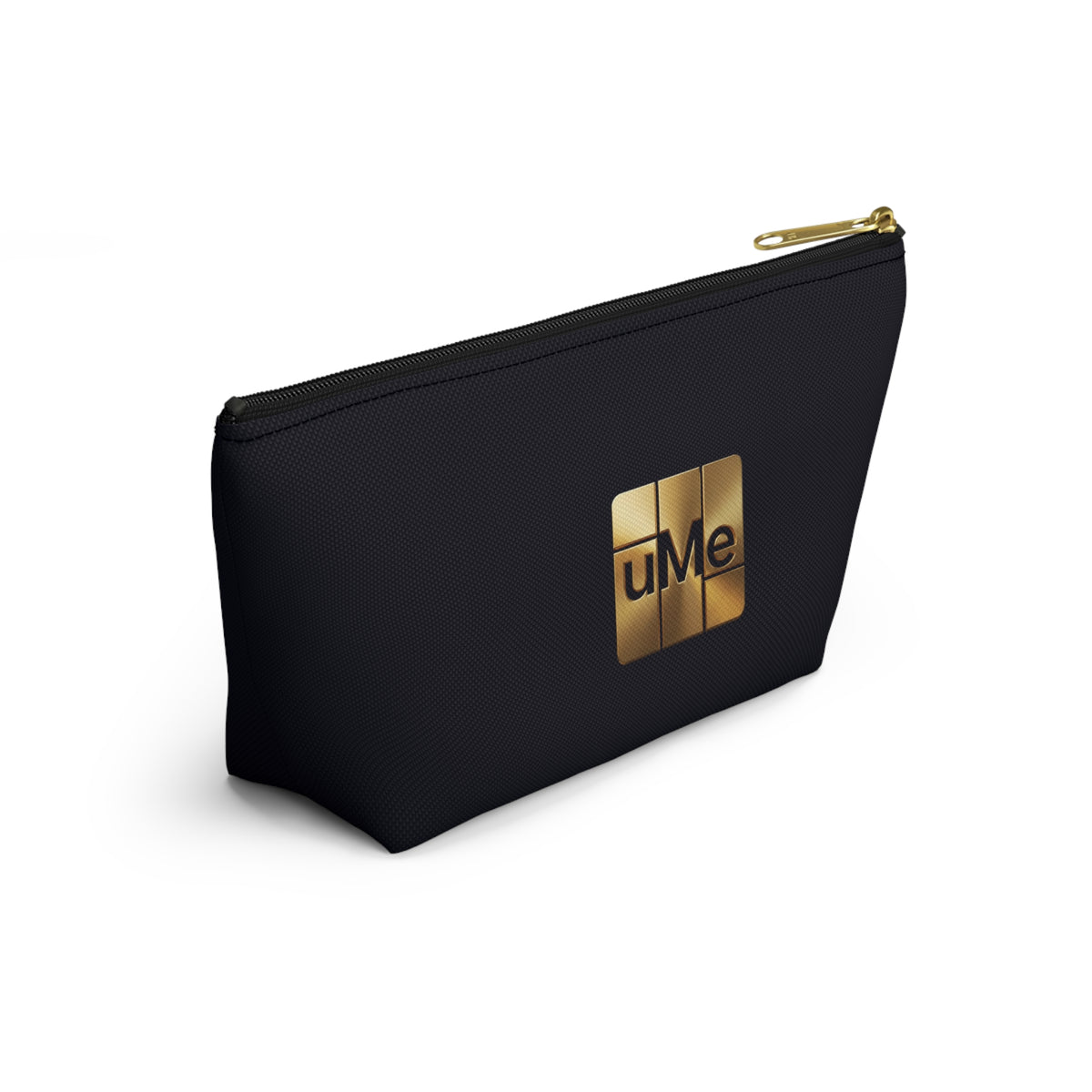 Gold uMe Logo Accessory Pouch — Black T‑Bottom Makeup & Travel Organizer