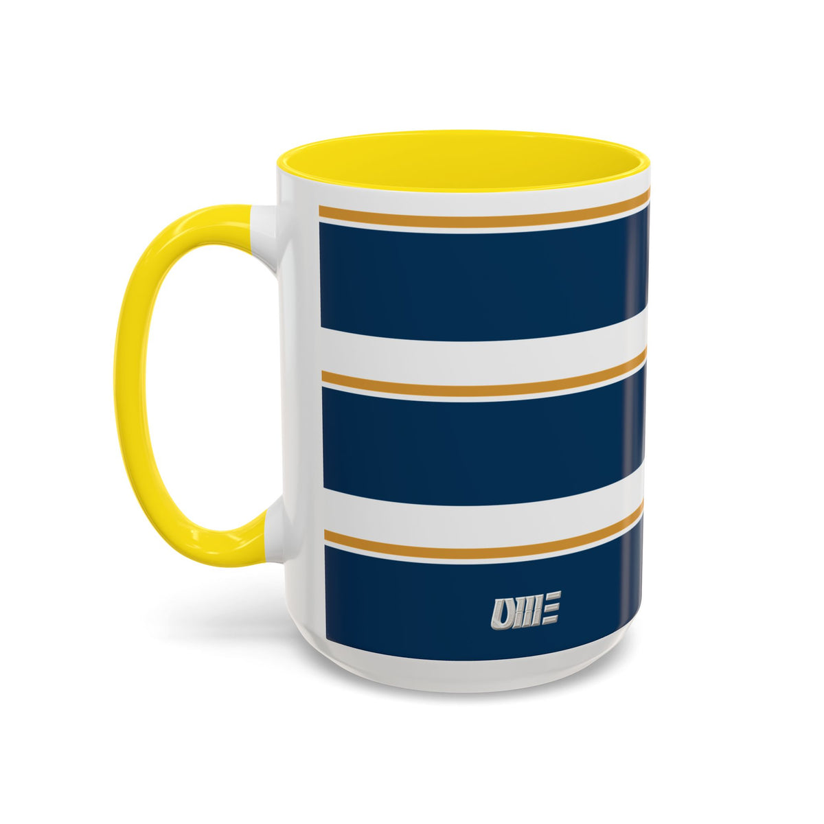 Navy and Gold Striped Accent Mug — White Ceramic