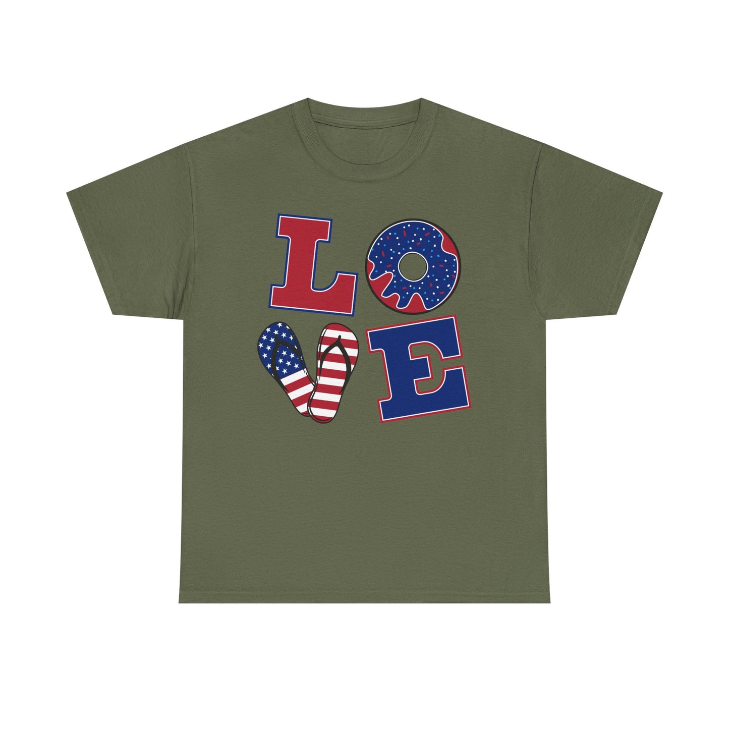 Patriotic "LOVE" Tee – American Flag Donut Heart 4th of July Shirt