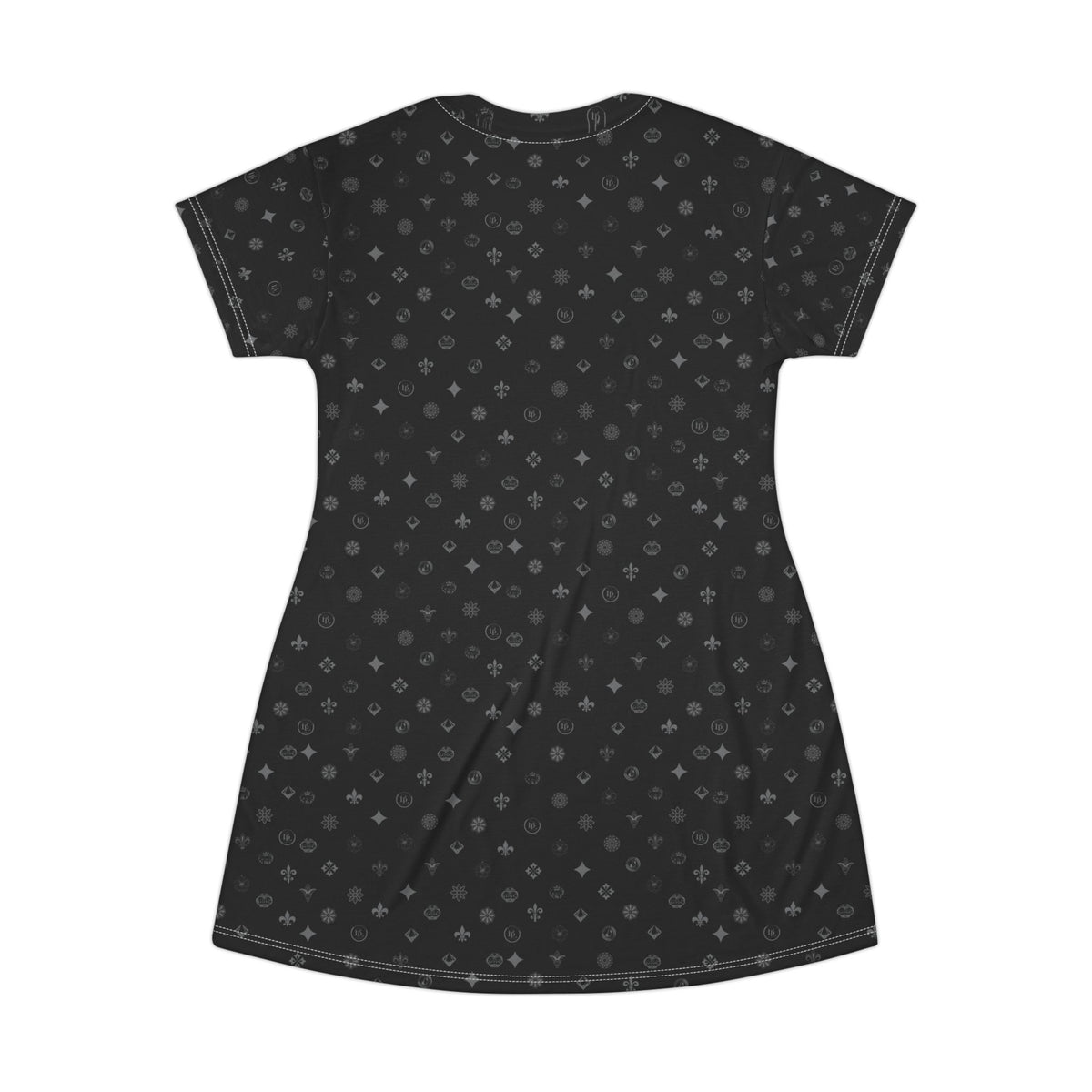 Black All-Over Print T-Shirt Dress — Subtle Monogram Pattern
