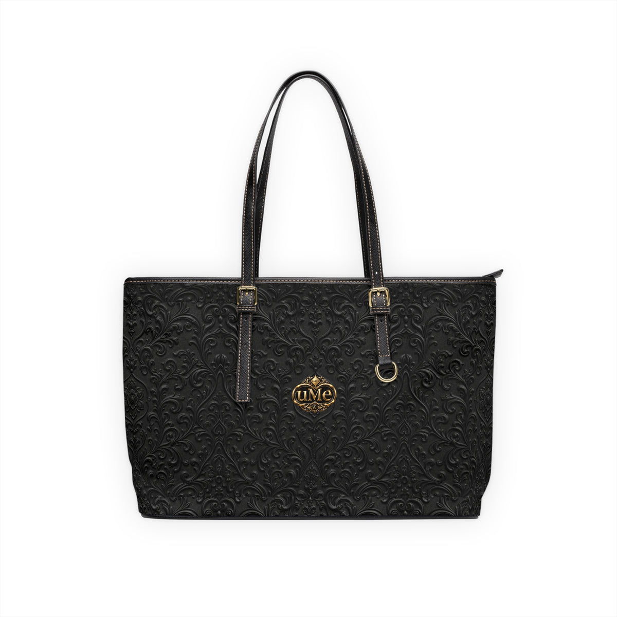 Black UME Gold Crest Shoulder Tote — PU Faux Leather Scroll Print