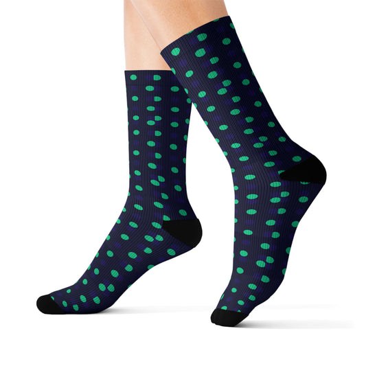 Polka Dot Sublimation Socks — Navy Crew Socks with Teal Dots