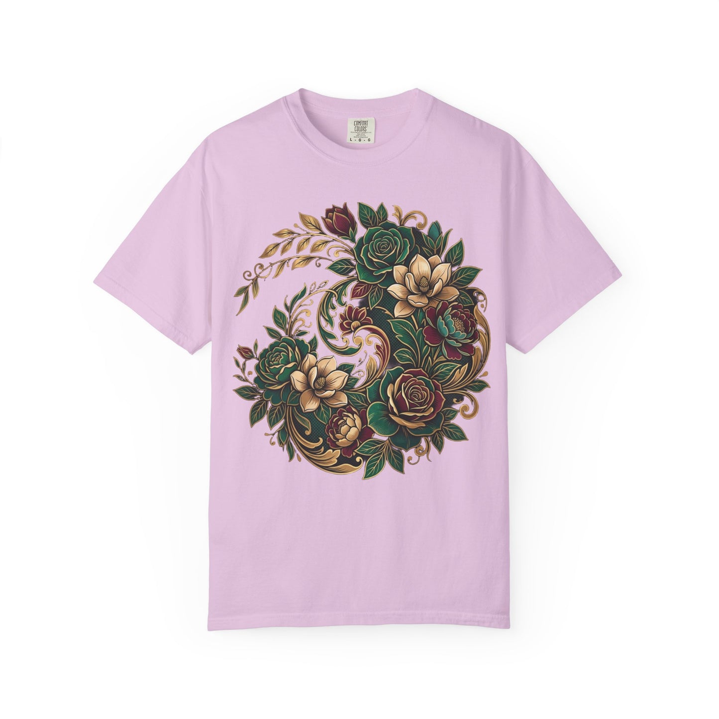 Floral Yin Yang T-Shirt — Vintage Green & Gold Rose Graphic Tee