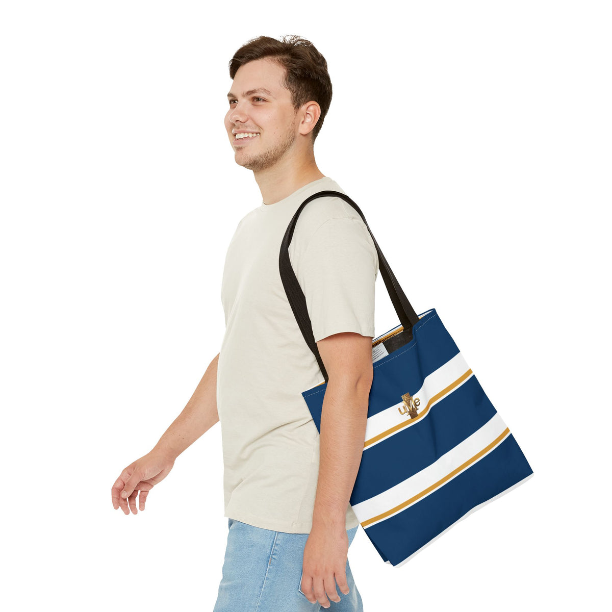 LIVE Cross Tote Bag — Navy & White Stripes with Gold Motif