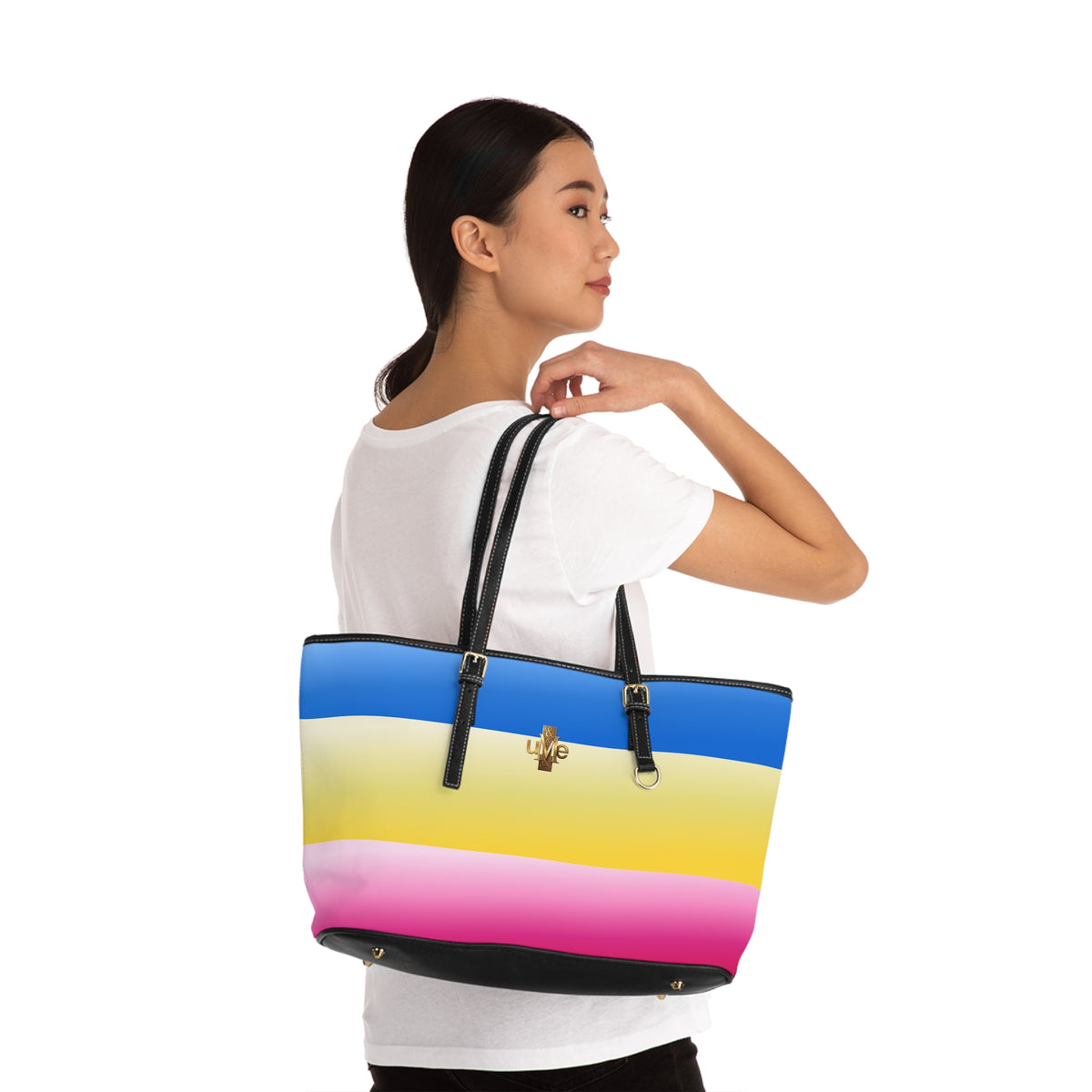 Colorblock Shoulder Bag — Black PU Leather Tote with Blue Yellow Pink Stripes