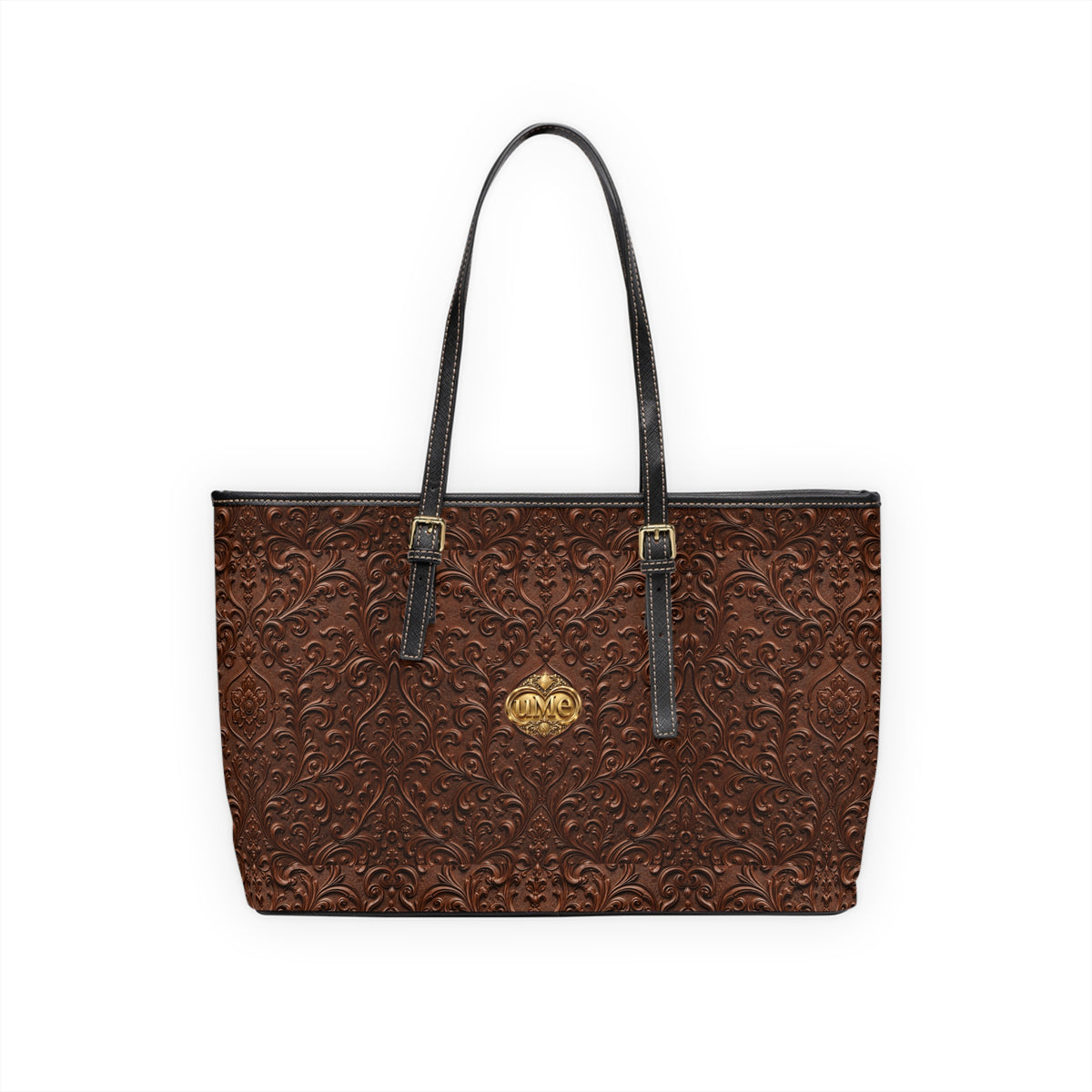 Chestnut Brown UME Shoulder Tote — PU Faux Leather Gold Crest Scroll Print