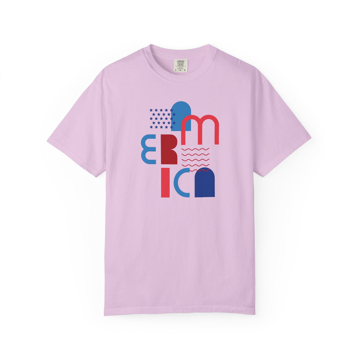 T-Shirt — Abstract 'America' Graphic Tee (Red & Blue Geometric Design)