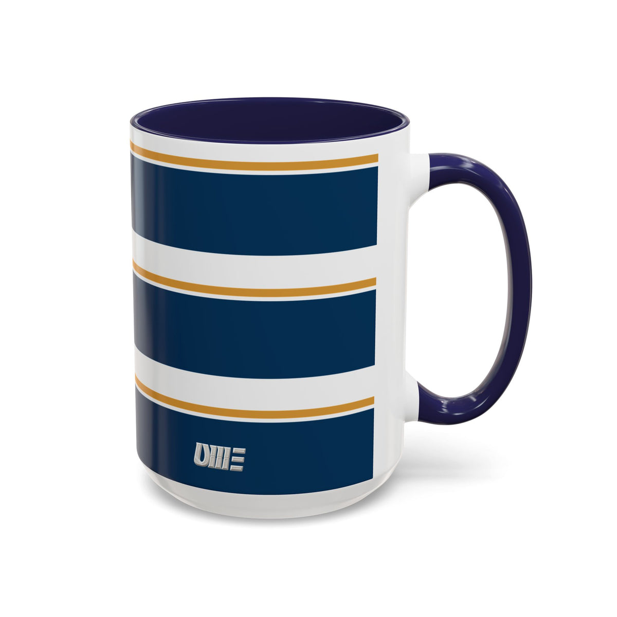 Navy and Gold Striped Accent Mug — White Ceramic