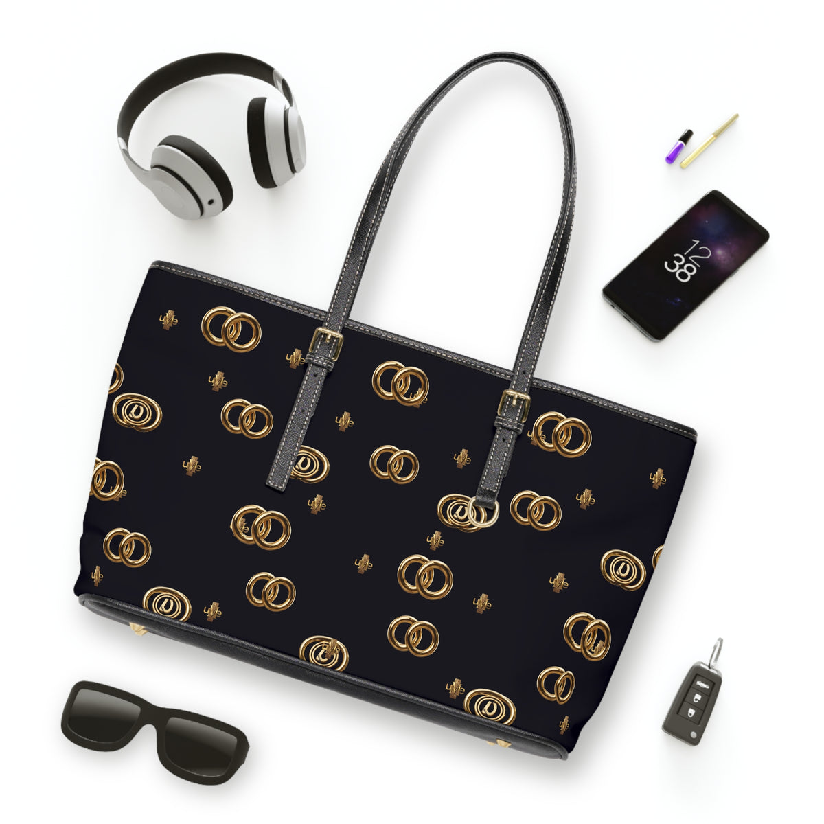 PU Leather Shoulder Bag — Black Gold Emblem Tote