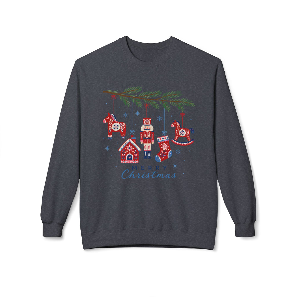 Merry Christmas Scandinavian Folk Art Crewneck Sweatshirt — White, Red & More
