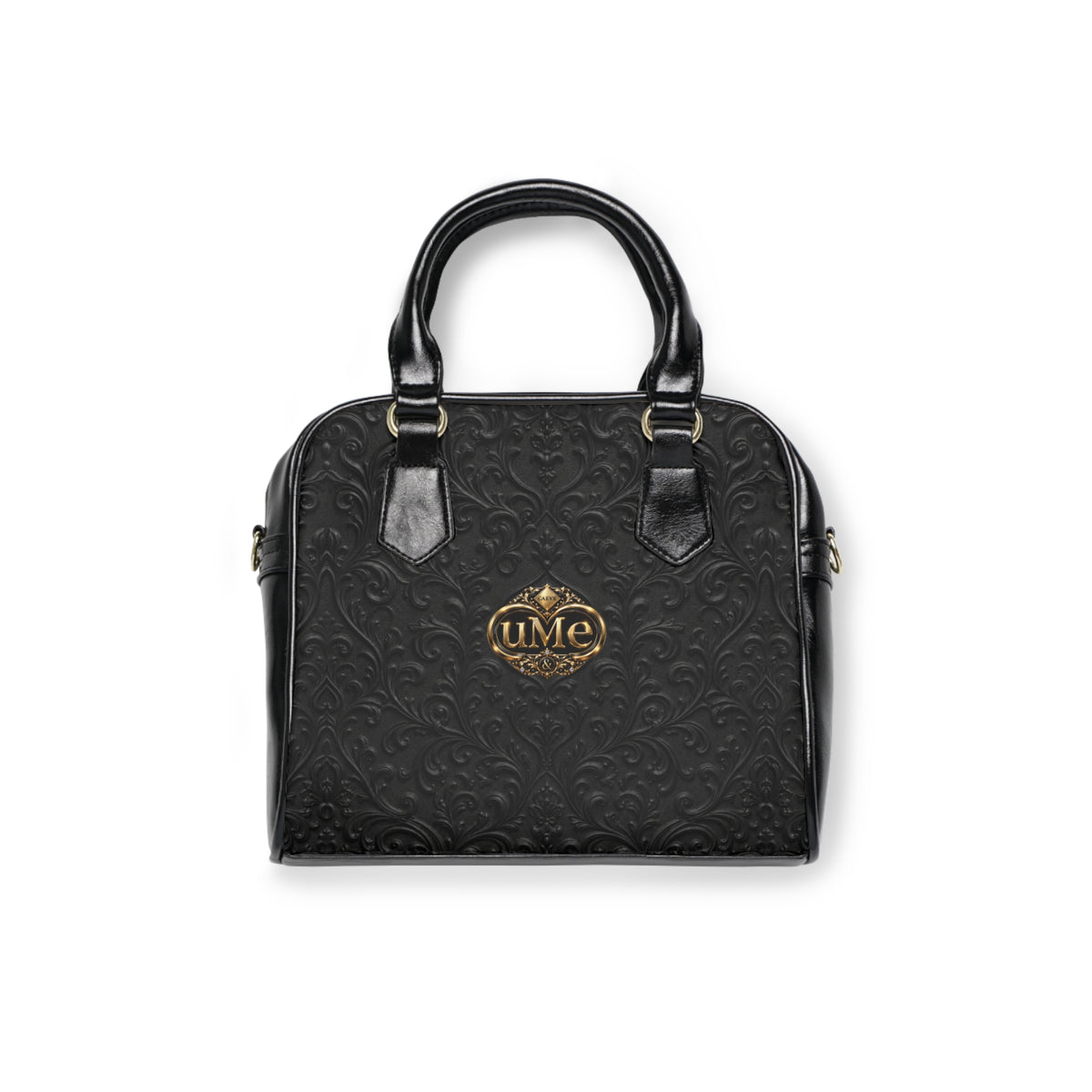 Black UME Gold Crest Shoulder Handbag — Faux Leather Scroll Print