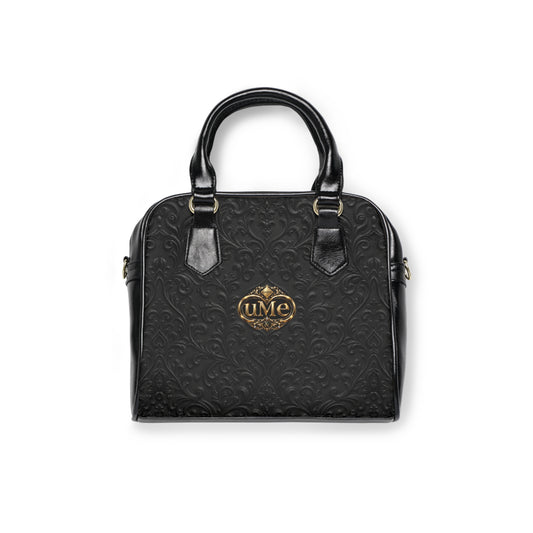 Black UME Gold Crest Shoulder Handbag — Faux Leather Scroll Print
