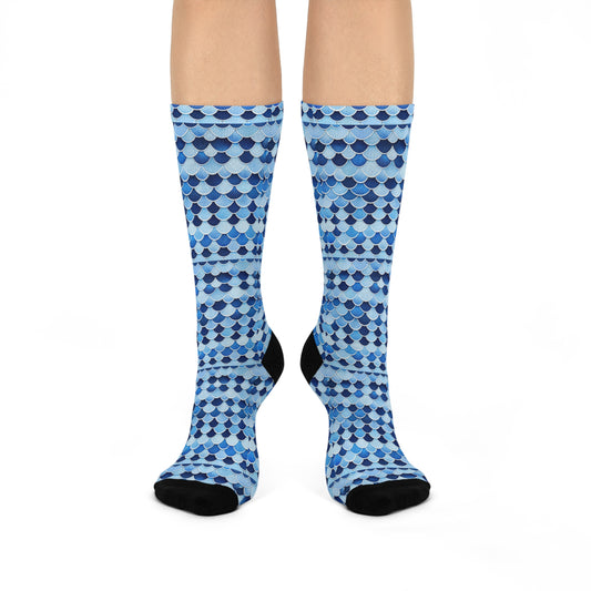 Blue Watercolor Scales Cushioned Crew Socks