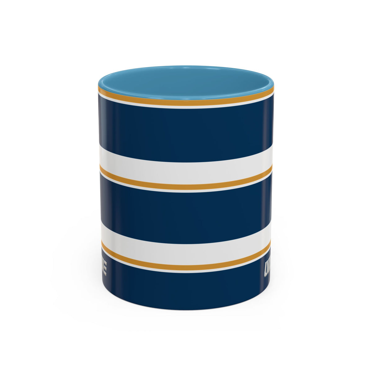 Navy and Gold Striped Accent Mug — White Ceramic