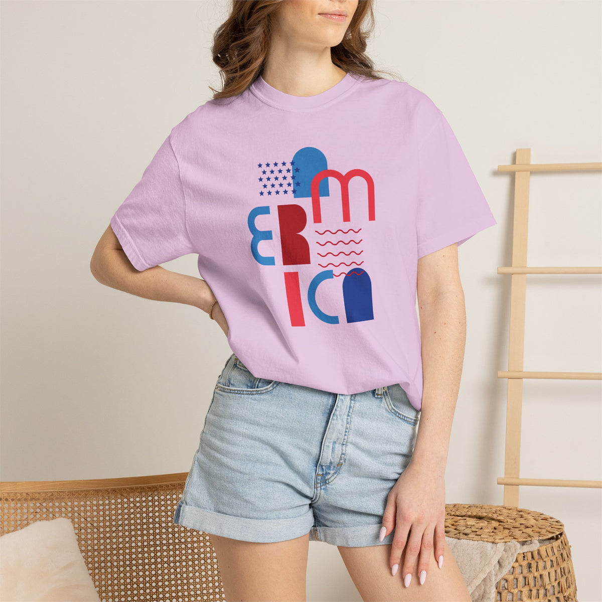 T-Shirt — Abstract 'America' Graphic Tee (Red & Blue Geometric Design)
