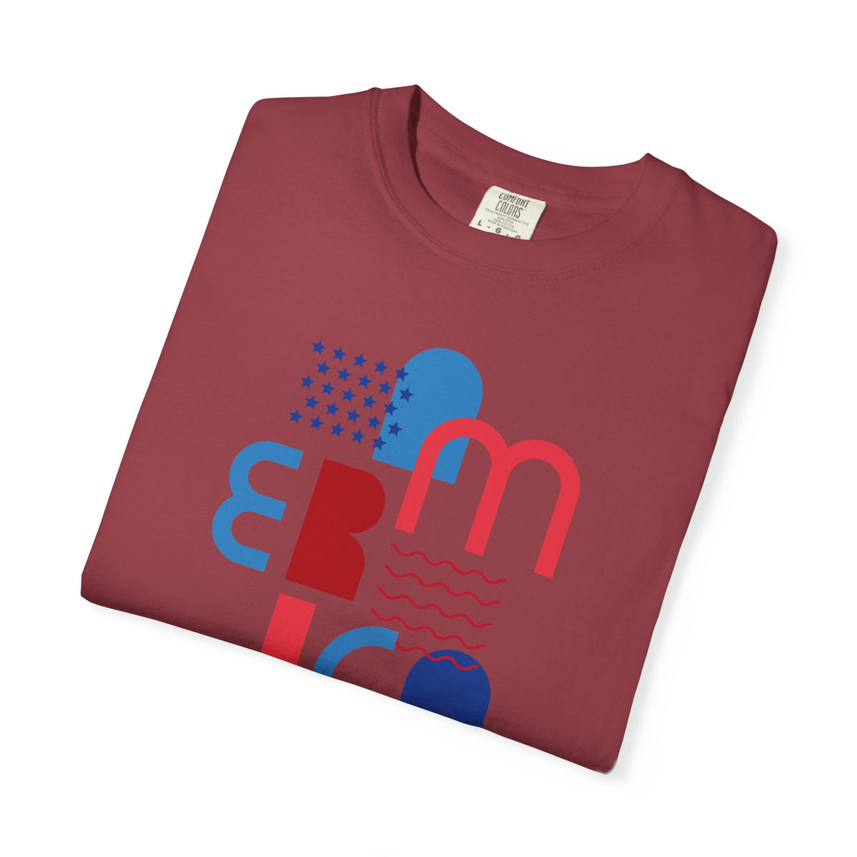 T-Shirt — Abstract 'America' Graphic Tee (Red & Blue Geometric Design)