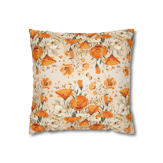 Orange Poppy Square Pillowcase – Watercolor Floral Throw Pillow Cover