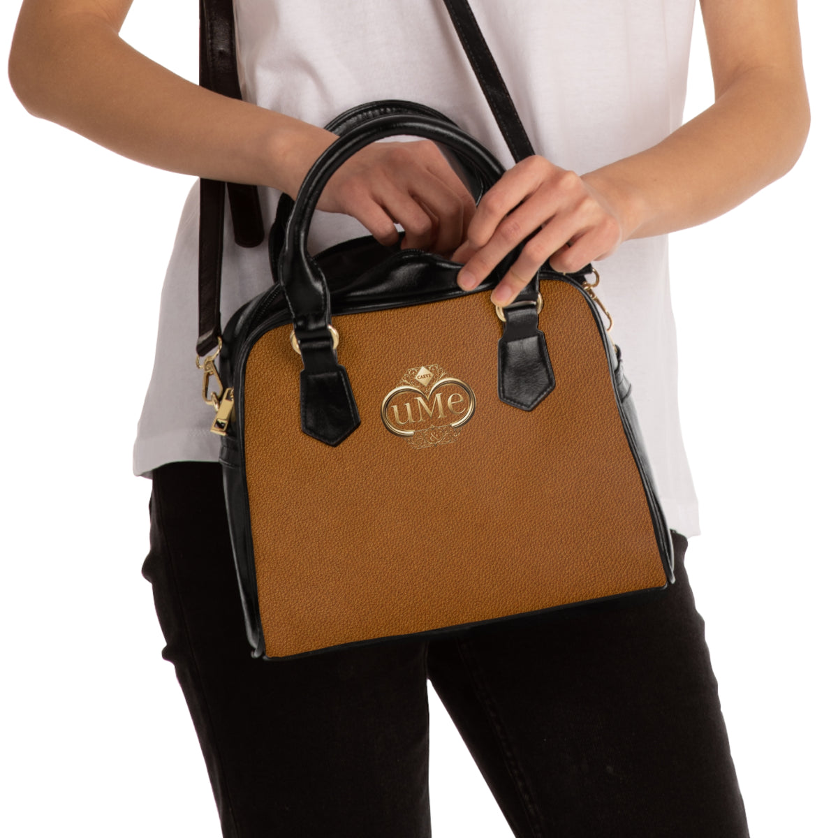 Brown Leatherette Shoulder Handbag with Gold Monogram Accent