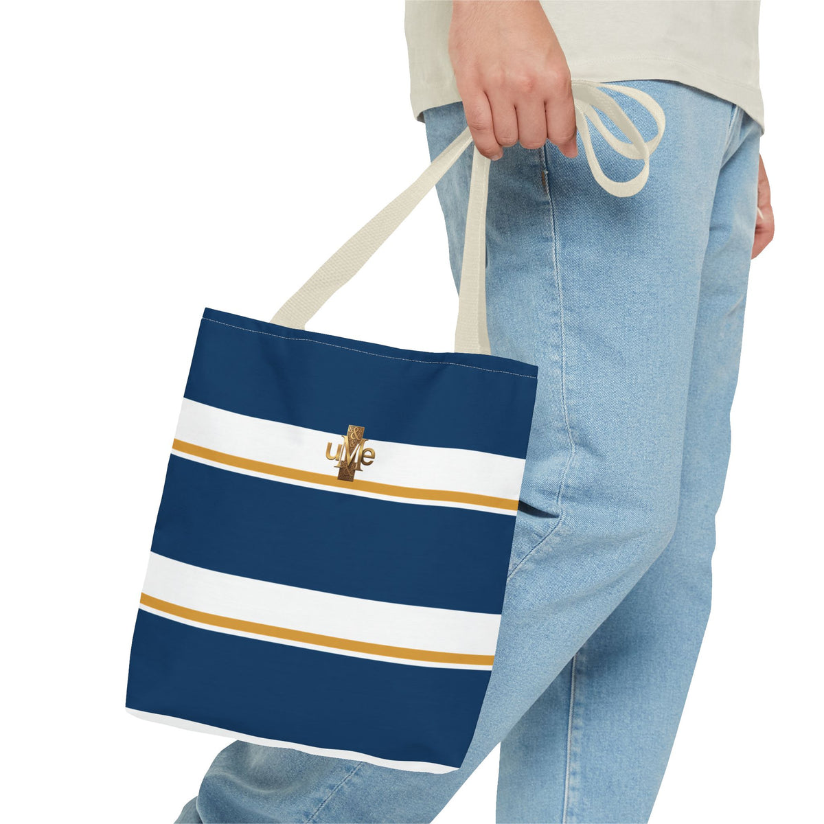 LIVE Cross Tote Bag — Navy & White Stripes with Gold Motif