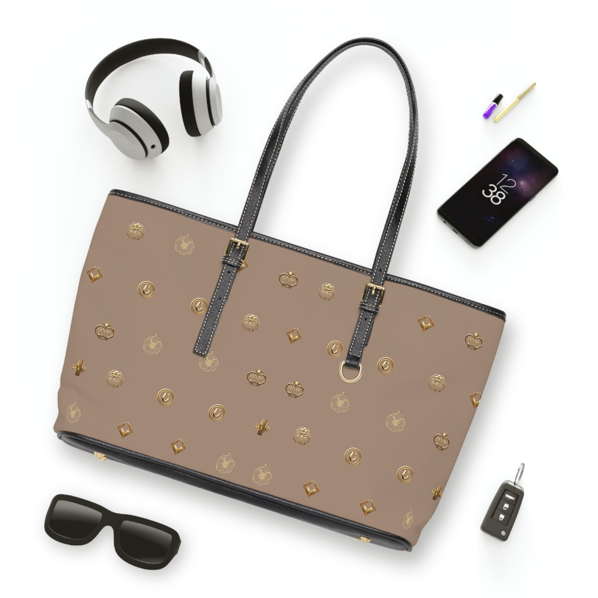 Taupe Monogram PU Leather Shoulder Bag — Gold Emblem Print Luxe Tote