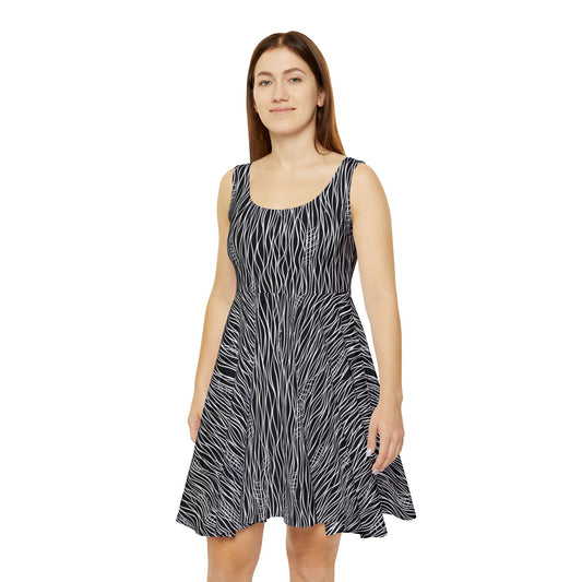 Wavy Black & White Skater Dress — Abstract Monochrome Pattern