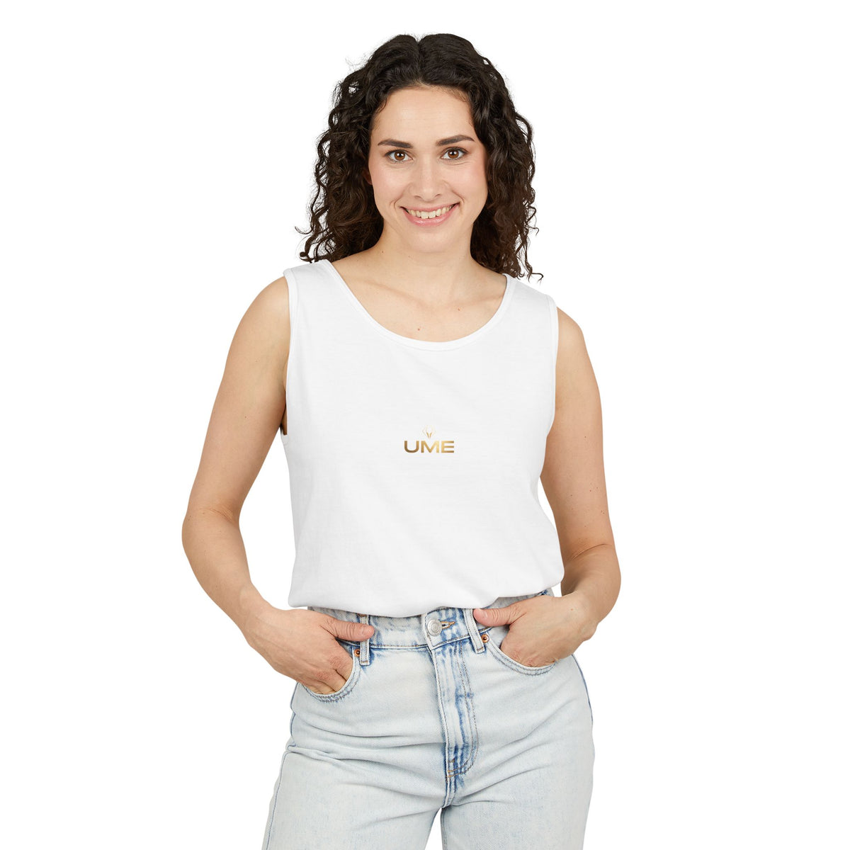 UME Gold Vertical Logo Tank Top – Garment-Dyed Unisex Muscle Tee