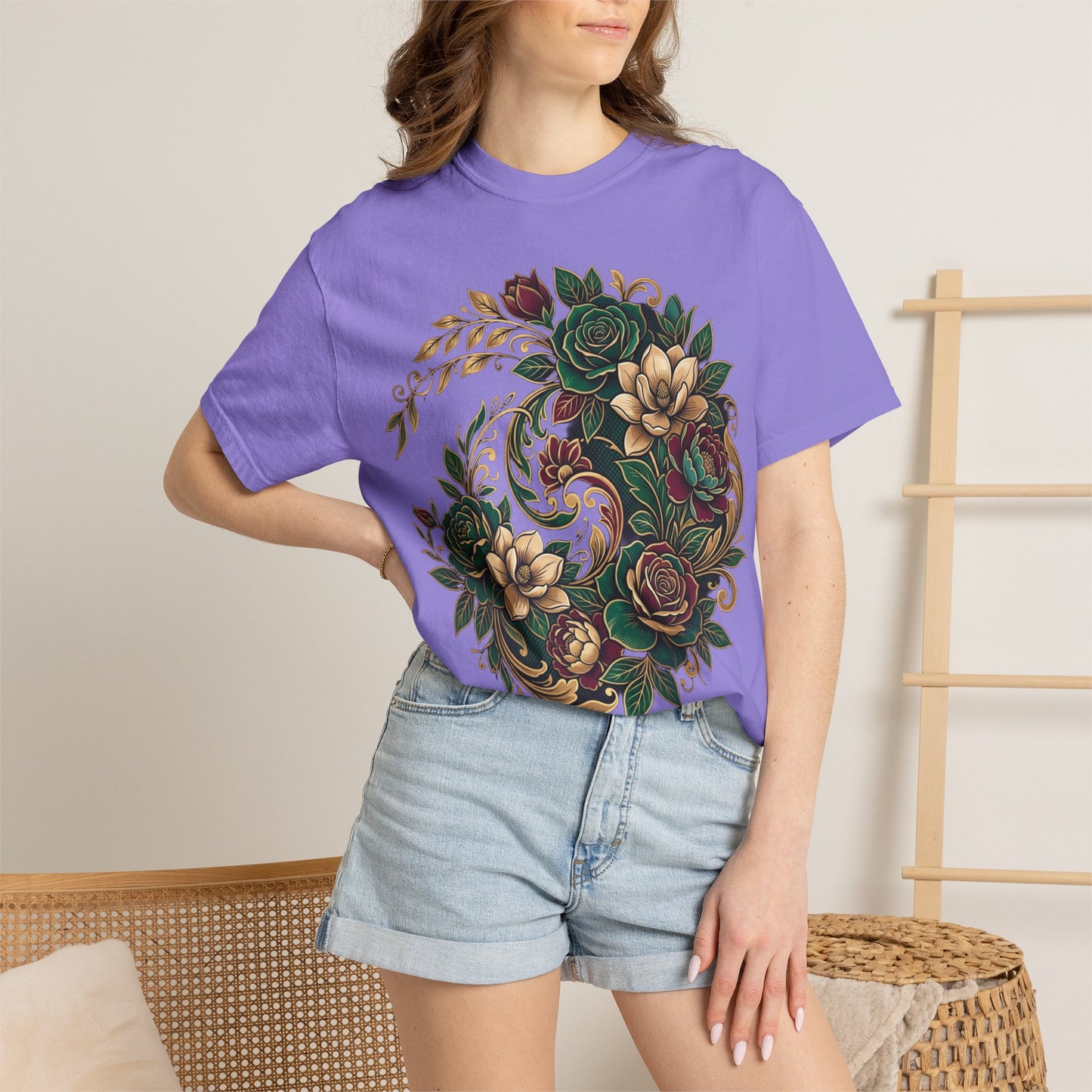 Floral Yin Yang T-Shirt — Vintage Green & Gold Rose Graphic Tee