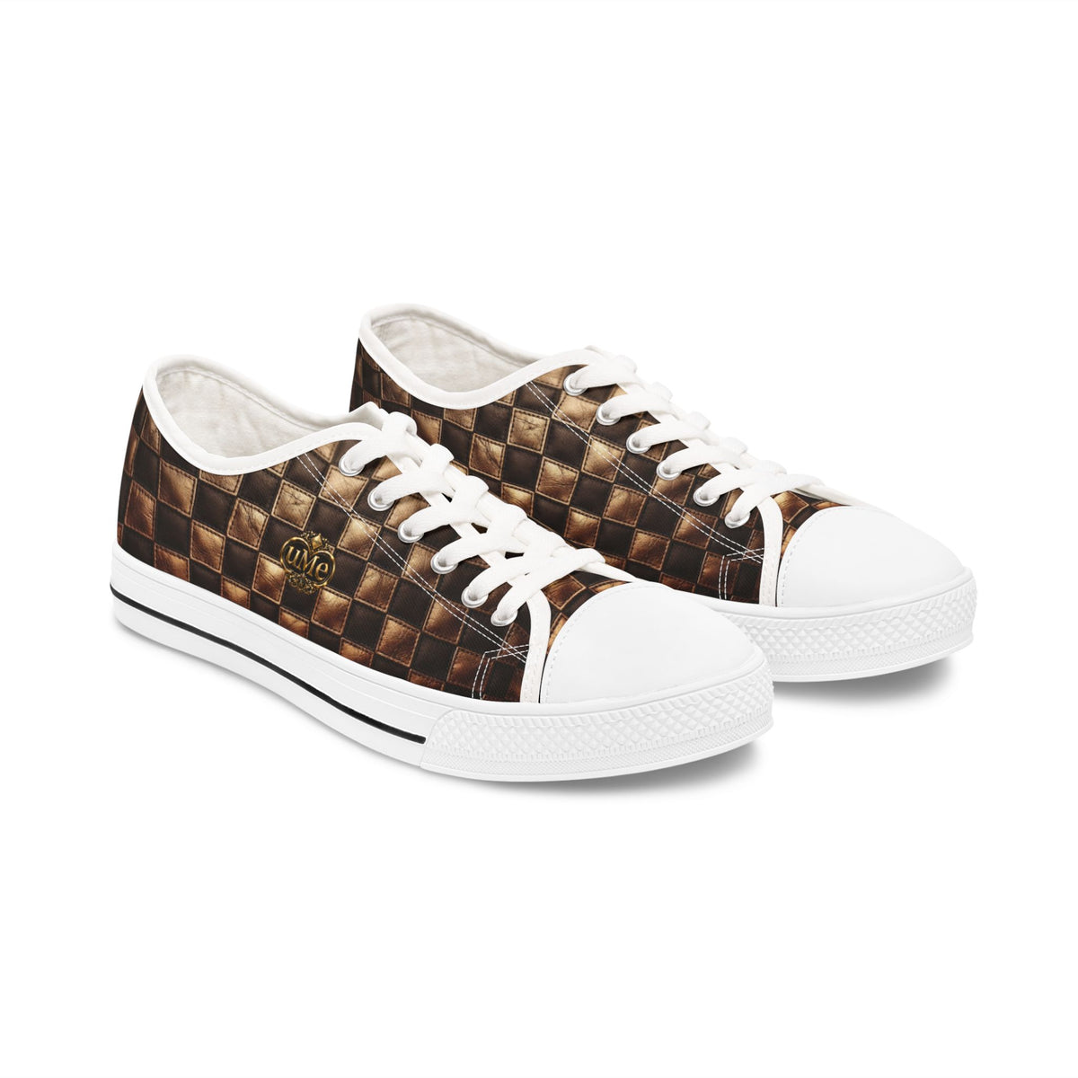 Low Top Sneakers — Brown Checkerboard Woven-Effect Print Women's Casual Shoes