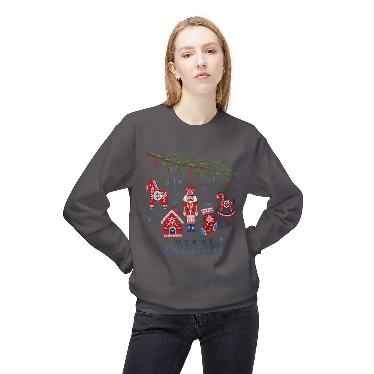 Merry Christmas Scandinavian Folk Art Crewneck Sweatshirt — White, Red & More