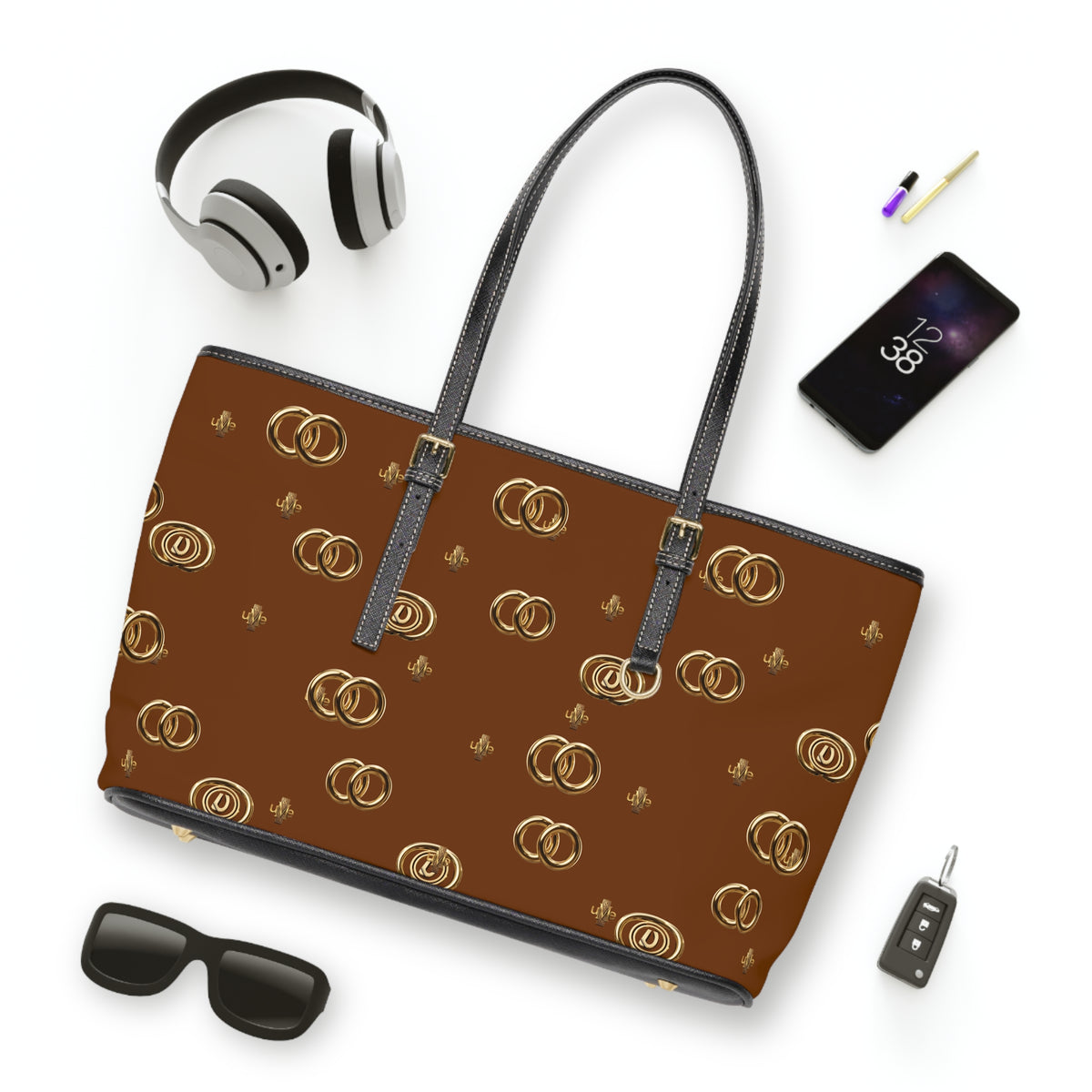 PU Leather Shoulder Bag — Dark Orange Gold Emblem Tote