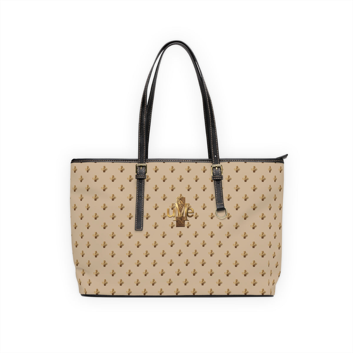 Beige PU Leather Shoulder Tote — Gold uMe Cross Logo Handbag