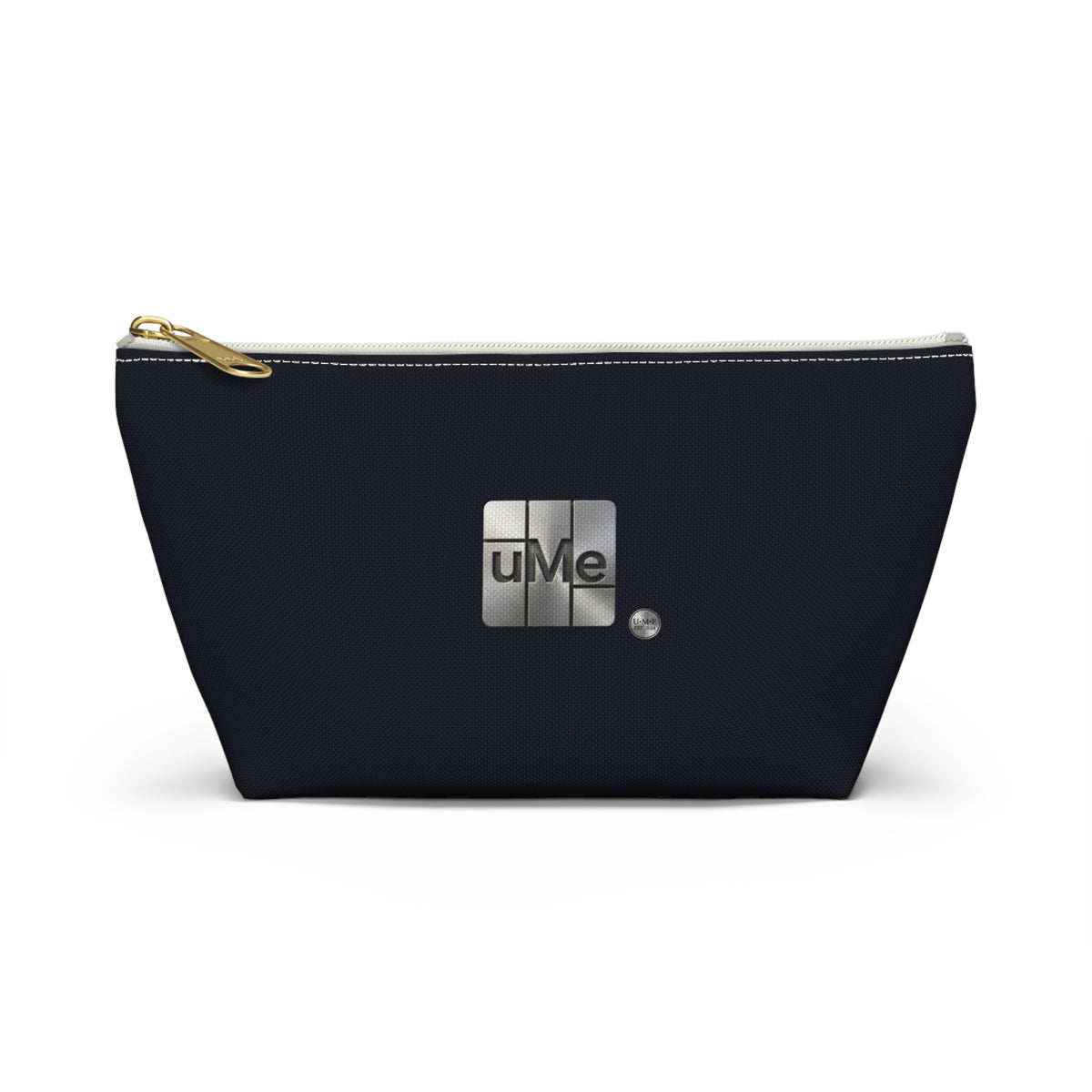 Accessory Pouch — Sleek Black T‑Bottom Cosmetic & Tech Organizer with Metallic 'uMe' Logo