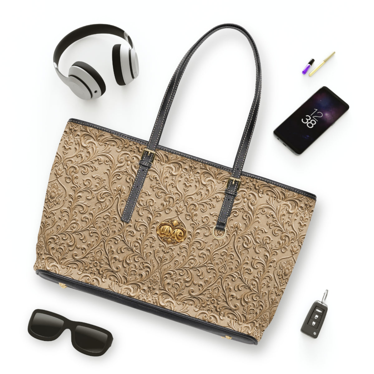 Beige UME Gold Crest Shoulder Tote — PU Faux Leather Scroll Print