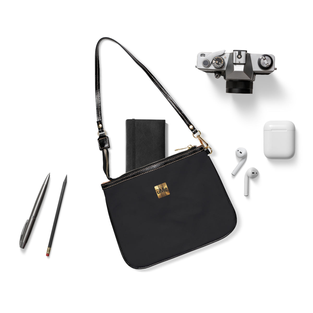 Small Shoulder Bag — Black Crossbody Purse with Gold Accent