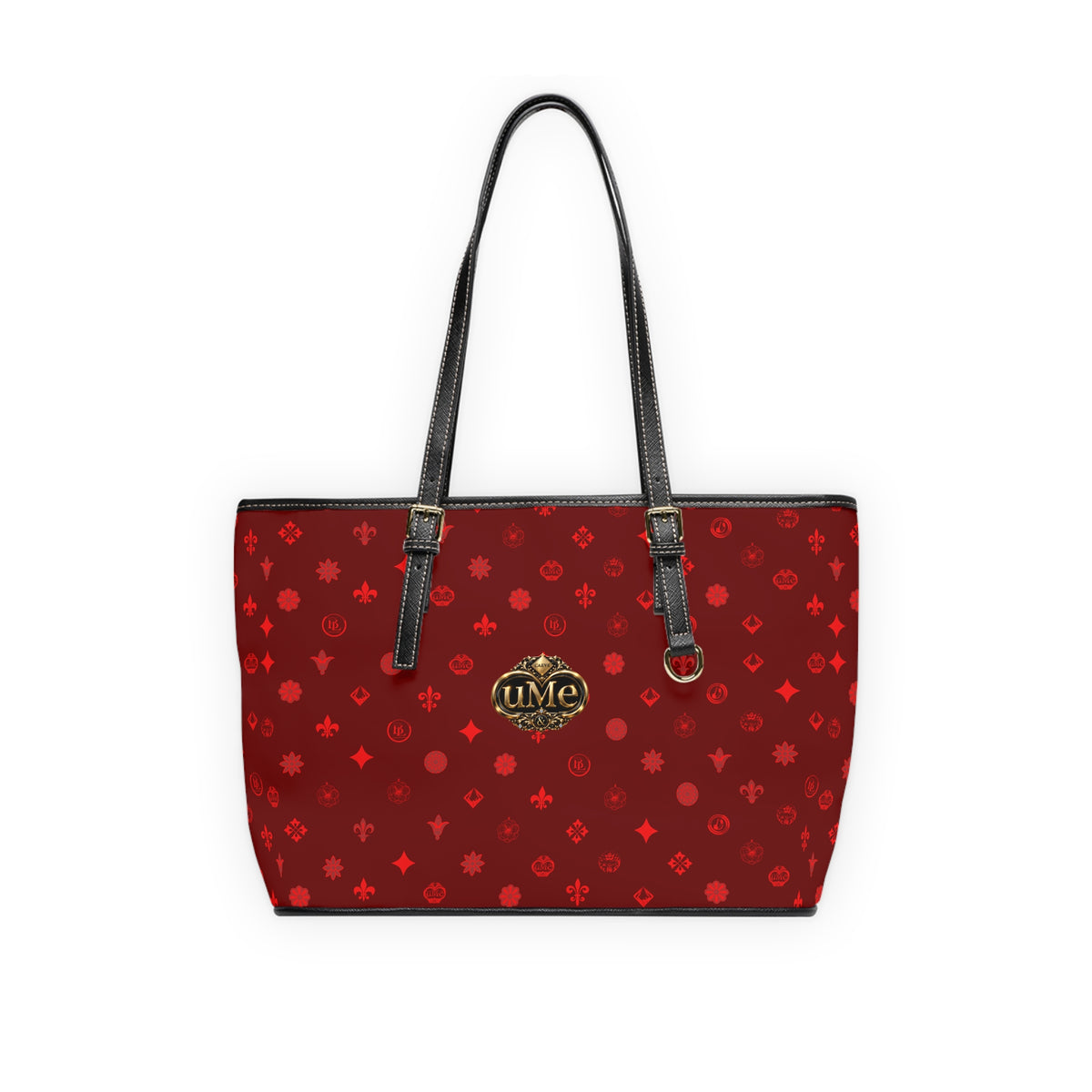 Red Monogram PU Leather Shoulder Bag — Luxe Crown Emblem Tote