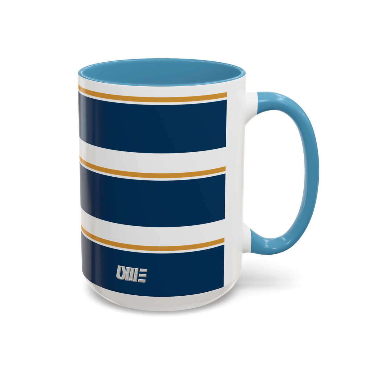 Navy and Gold Striped Accent Mug — White Ceramic