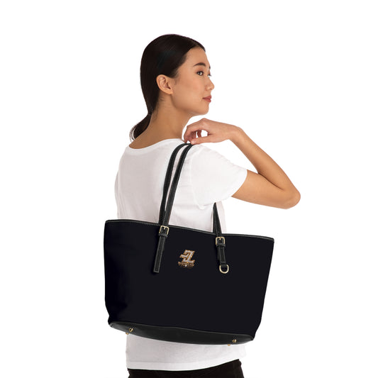 Jet Black Smooth Monogram Tote Bag – BL Signature Matte PU Leather Shoulder Bag with Gold Monogram