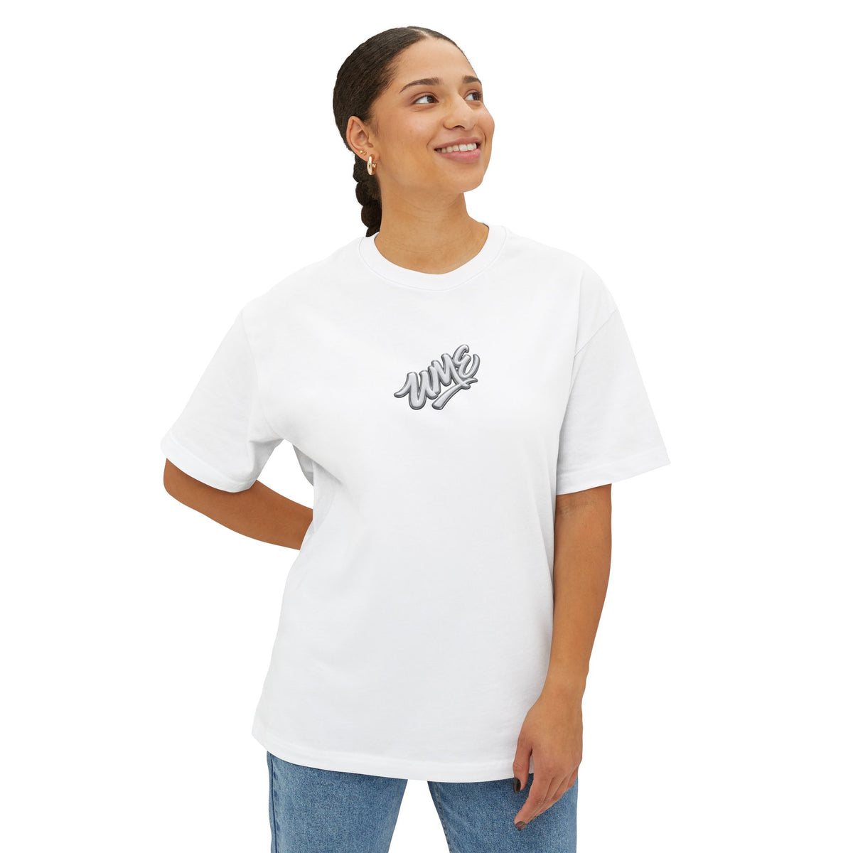 UME Script Logo Boxy Tee — White Oversized Graphic T-Shirt