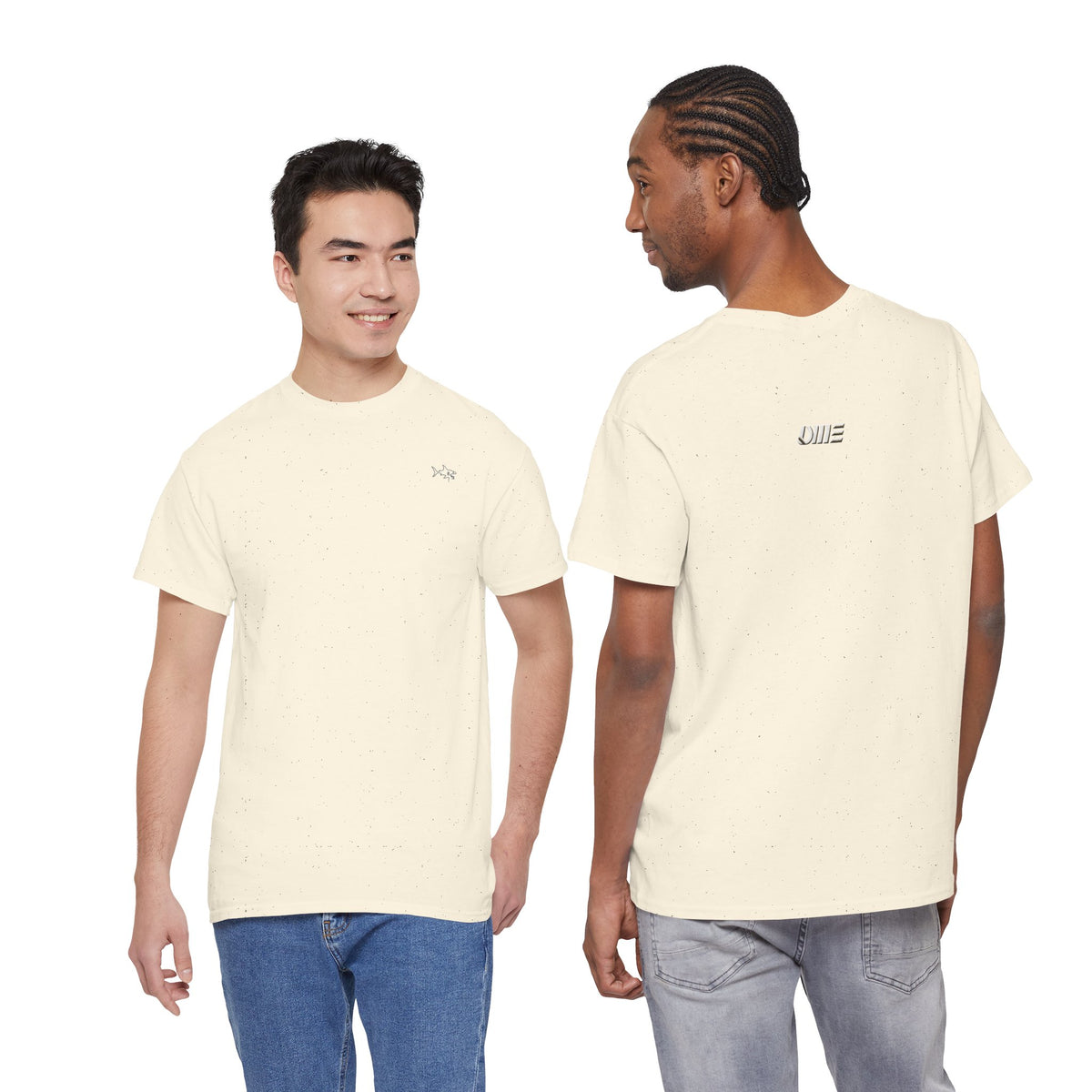 Minimalist string design Fish Tee — Small Chest Fish & Back 'OWE' Graphic