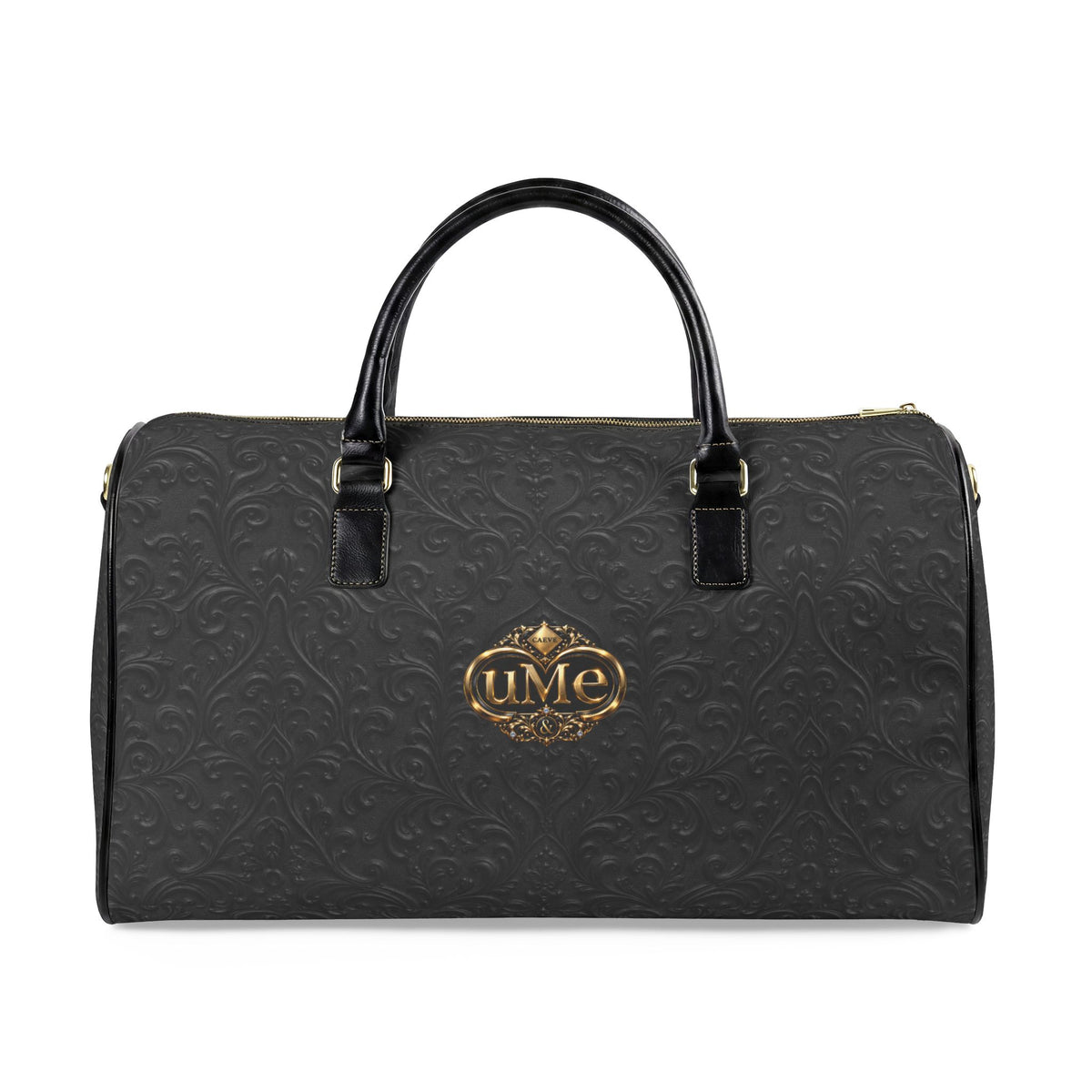 Black Faux Leather Duffle Bag — Gold 'uMe' Crest Weekender