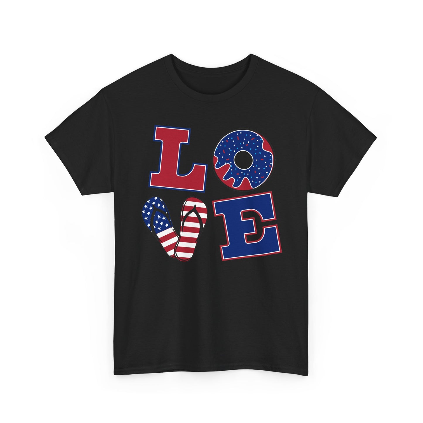 Patriotic "LOVE" Tee – American Flag Donut Heart 4th of July Shirt