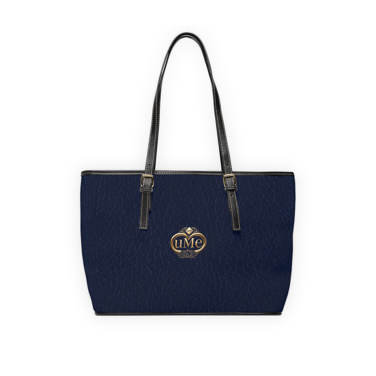 Navy PU Leather Shoulder Bag with Gold Crest Accent
