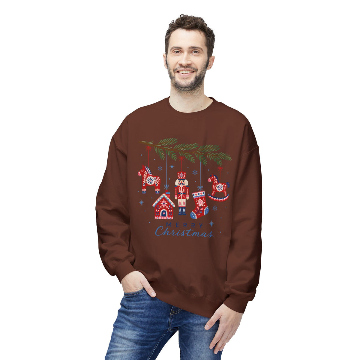 Merry Christmas Scandinavian Folk Art Crewneck Sweatshirt — White, Red & More