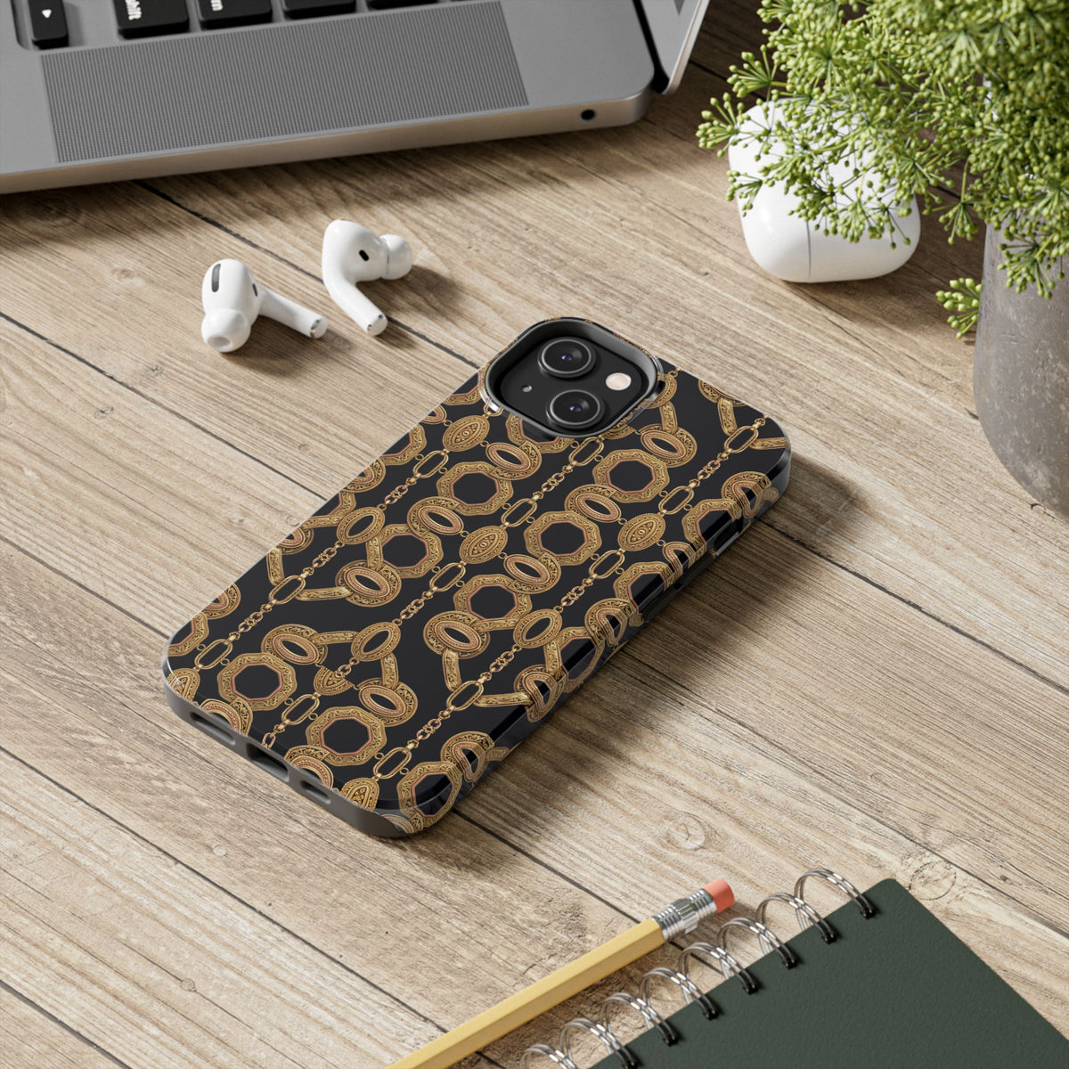 Gold Chain Phone Case — Black & Gold Ornate Chain All-Over Print Tough Cover