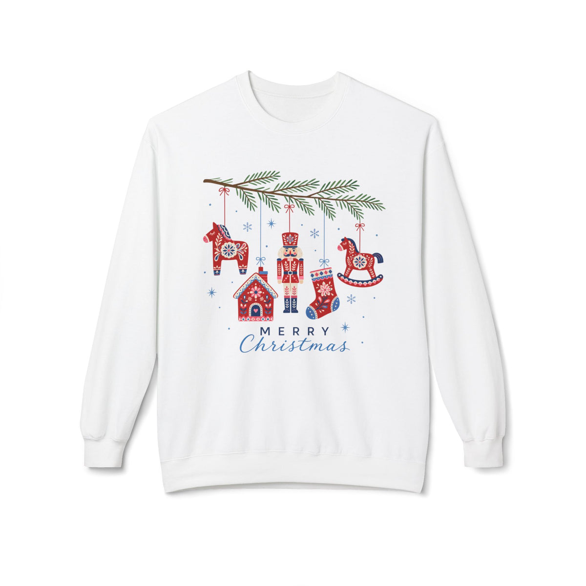 Merry Christmas Scandinavian Folk Art Crewneck Sweatshirt — White, Red & More